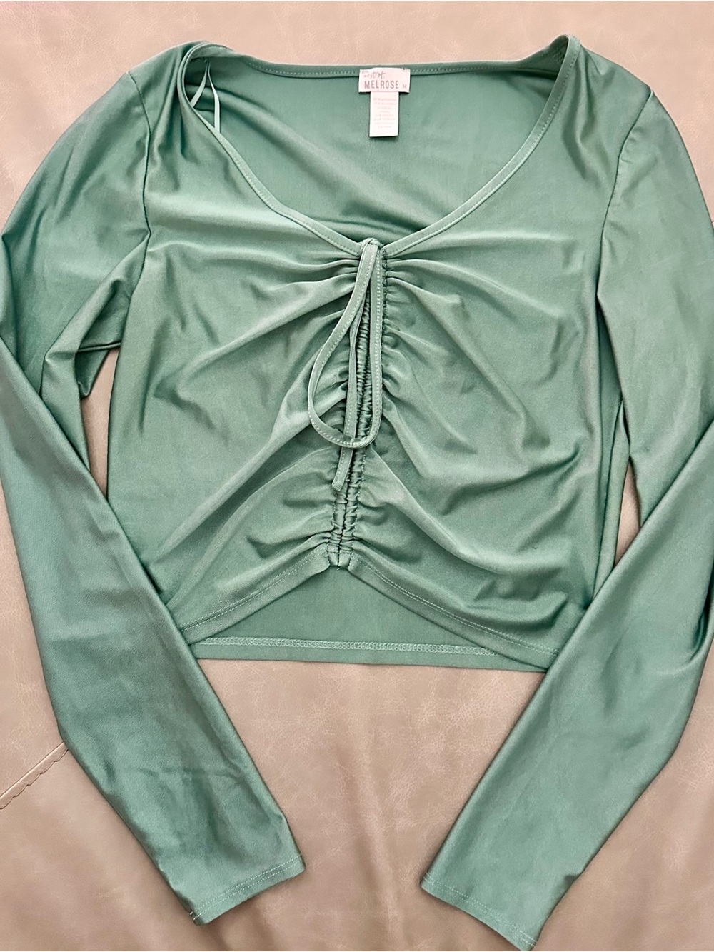 Melrose Teal Ruched Long Sleeve Tie-Front Top